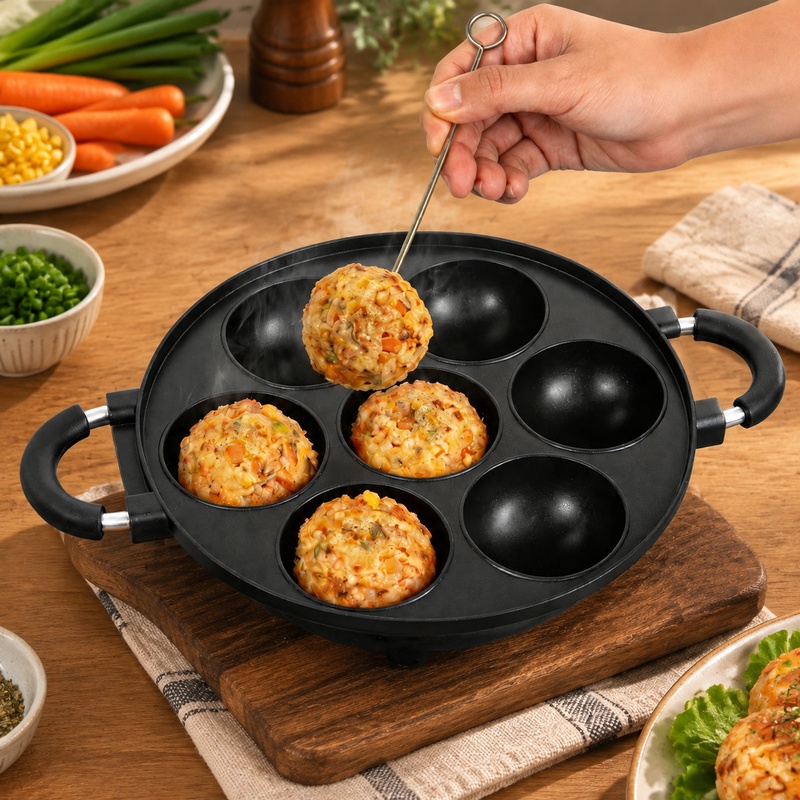 Takoyaki Grill Plate - 7-Cavity Aluminum Mold for Pancake Balls